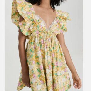 For Love & Lemons Yellow Tamra Dress with Florals & Ruffle Mini Dress M